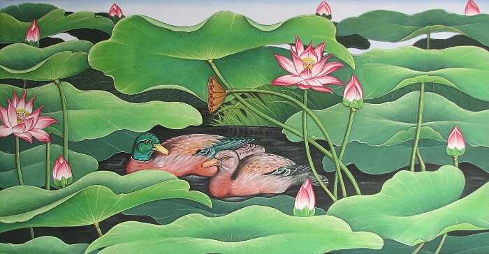 バリ絵画　カモと蓮・ロータスの池